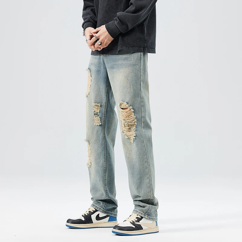 2023 Jeseni Ameriški Vibe High Street Jeans za Moške Retro, obrabljen, obrabljen, Vsestranski Priložnostne Dolge Hlače