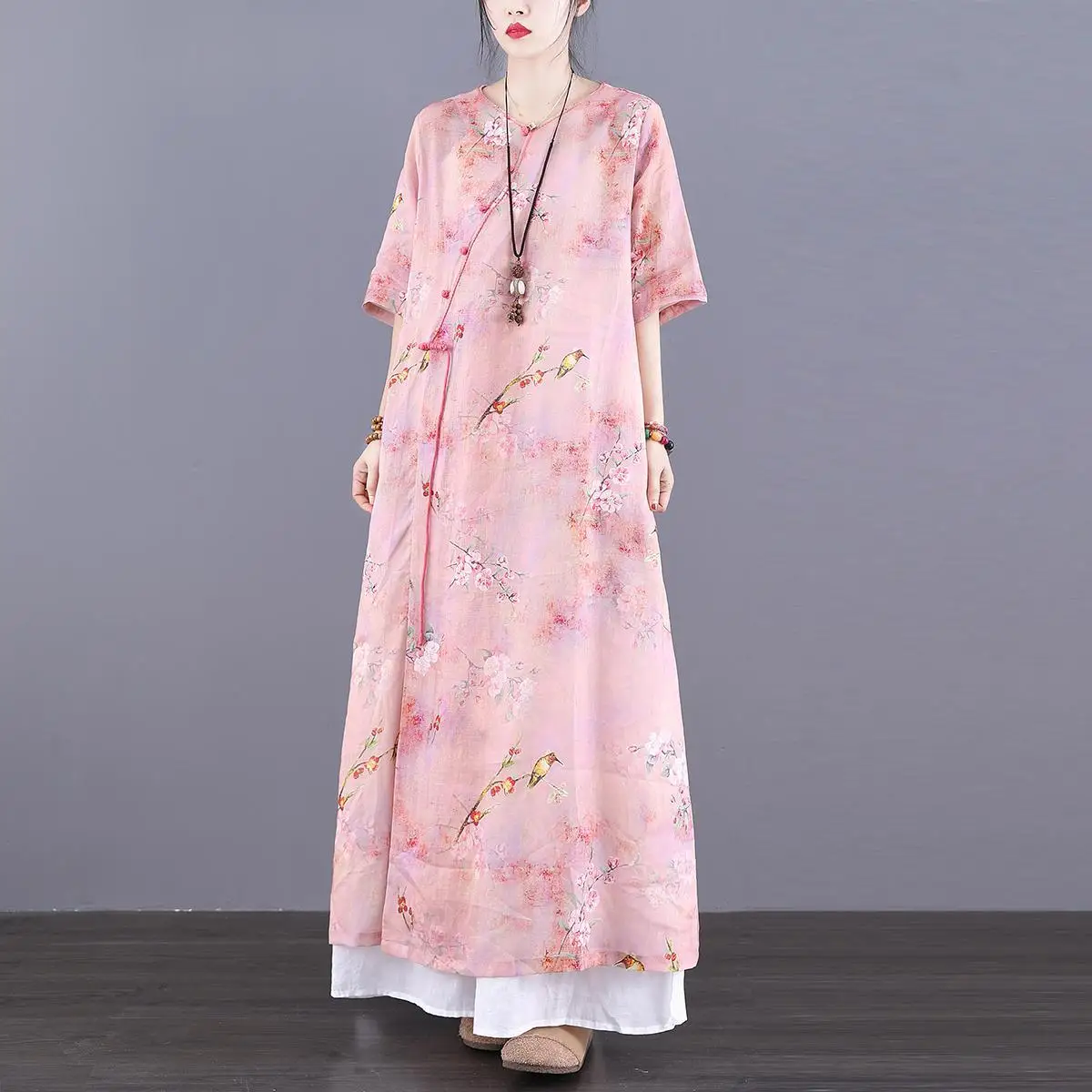 2023 pomlad poletje novo bombaž in lan qipao obleko kitajski slog cvet tiskanja ohlapno obleko letnik vestido cheongsam obleko