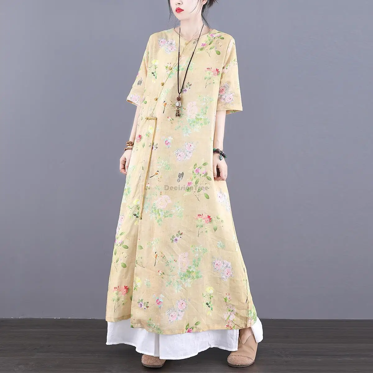 2023 pomlad poletje novo bombaž in lan qipao obleko kitajski slog cvet tiskanja ohlapno obleko letnik vestido cheongsam obleko