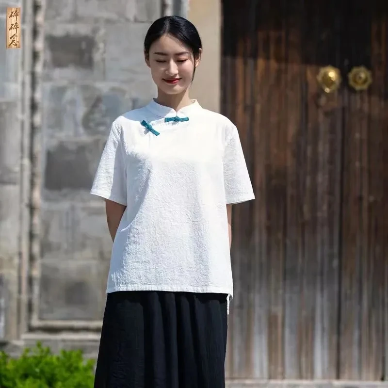 2024 Bombaž Perilo Poletje Udobno Žensk, Etničnih Oblačila T-Majica Retro Tradicionalni Kitajski Femal Vrh Svoboden Hanfu Tang Obleko
