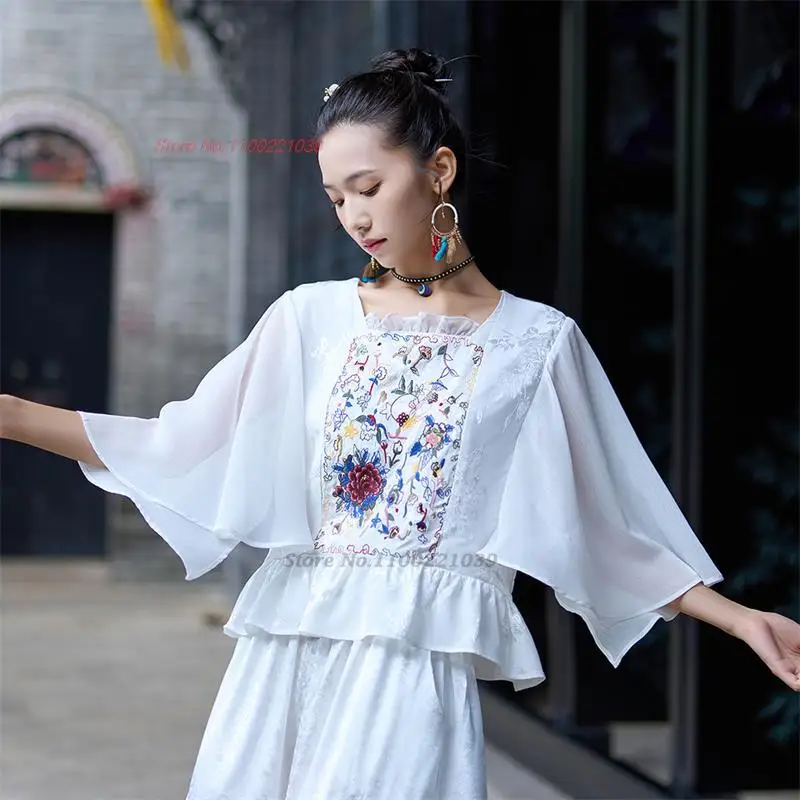 2024 kitajski letnik bluzo nacionalni cvet vezenje saten jacquardske mozaik očesa rokav bluzo tradicionalnih šifon bluzo