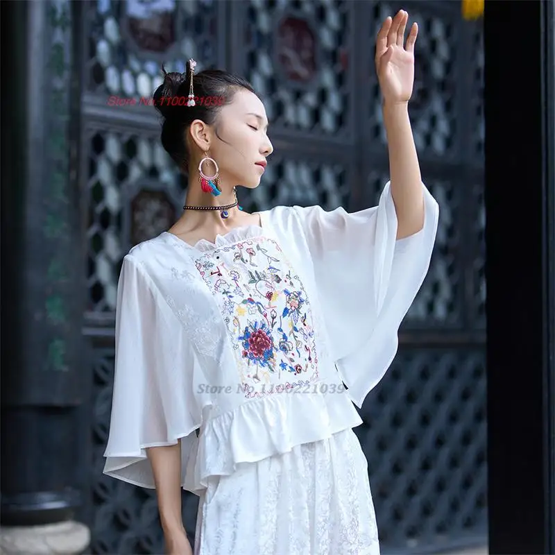 2024 kitajski letnik bluzo nacionalni cvet vezenje saten jacquardske mozaik očesa rokav bluzo tradicionalnih šifon bluzo