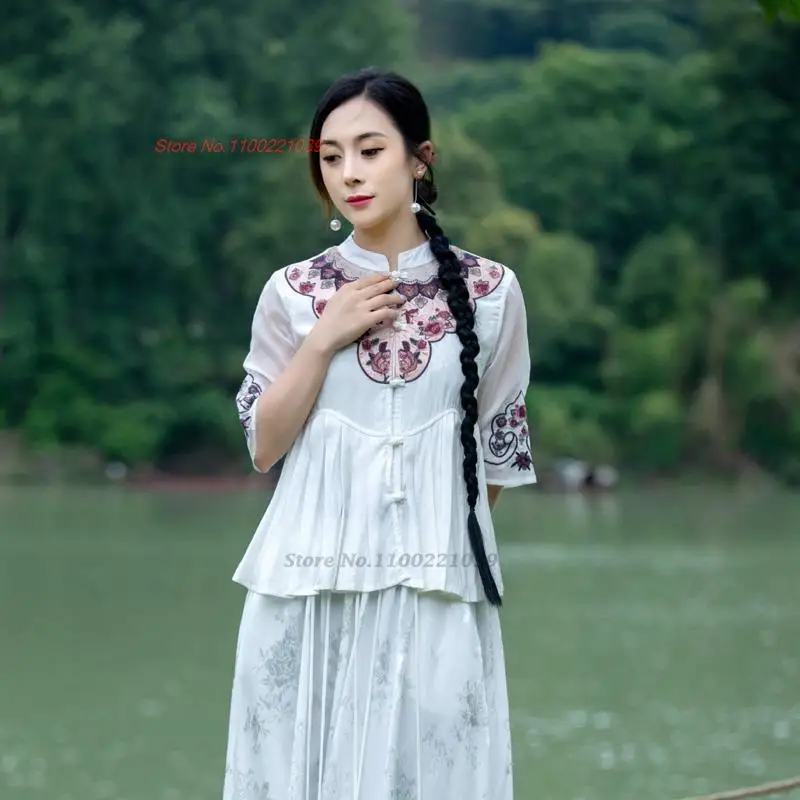 2024 nacionalni cvet vezenje letnik bluzo kitajski hanfu vrhovi etnične saten jacquardske mozaik bluzo orientalski tang obleko