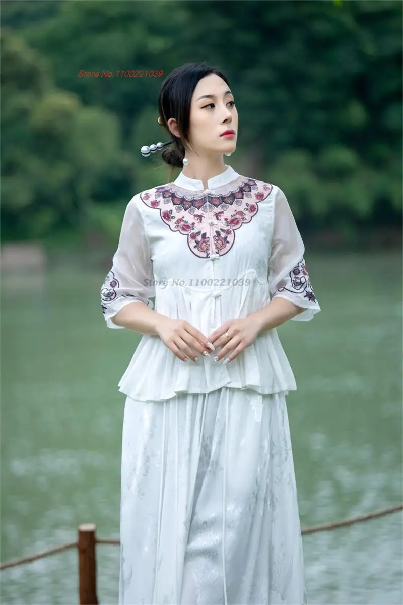 2024 nacionalni cvet vezenje letnik bluzo kitajski hanfu vrhovi etnične saten jacquardske mozaik bluzo orientalski tang obleko