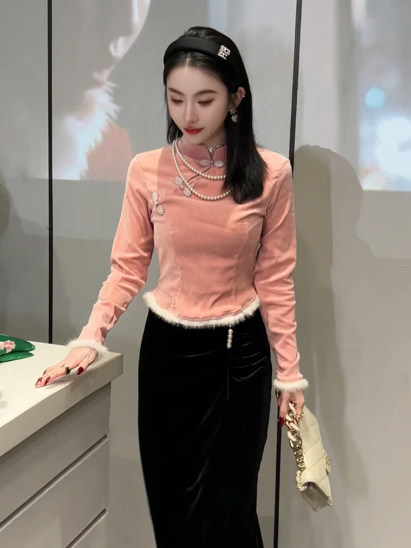 2024 novi kitajski slog mozaik stoji vratu dolgo oplaščeni dnu pulover za ženske jeseni retro gumb za vsakodnevno casual vrh