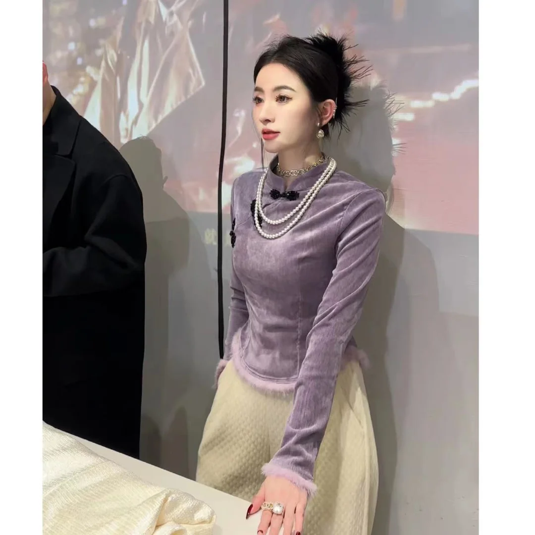2024 novi kitajski slog mozaik stoji vratu dolgo oplaščeni dnu pulover za ženske jeseni retro gumb za vsakodnevno casual vrh