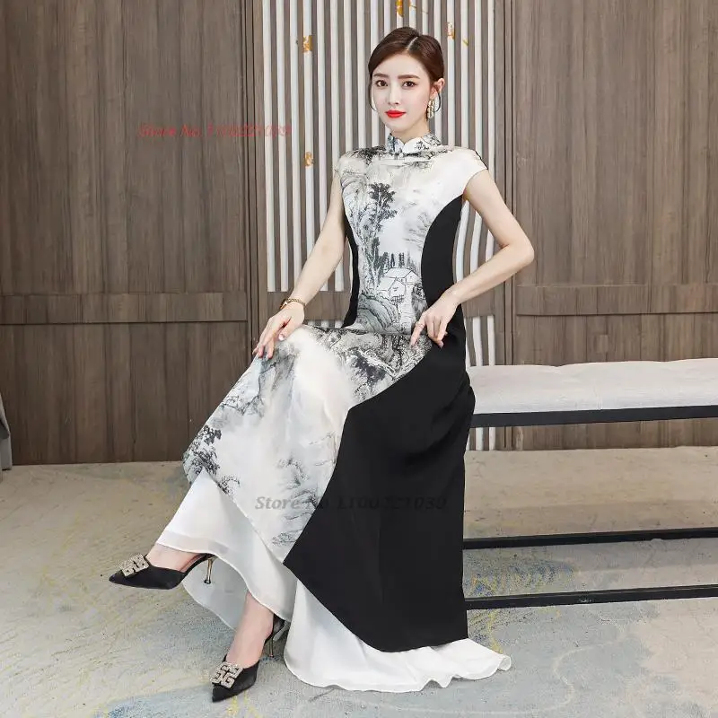 2024 tradicionalni kitajski vintage obleko izboljšano qipao nacionalni cvet tiskanja cheongsam obleko retro banket večerno obleko vestido
