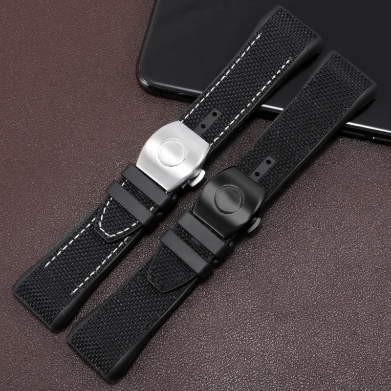 28 mm Visoke Kakovosti Najlon Pravega Usnja Silikonski Watchband Črna Modra Zložljiva Sponke Watch Trak Za Franck Muller V45 Serije
