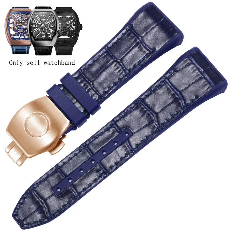 28 mm Visoke Kakovosti Najlon Pravega Usnja Silikonski Watchband Črna Modra Zložljiva Sponke Watch Trak Za Franck Muller V45 Serije