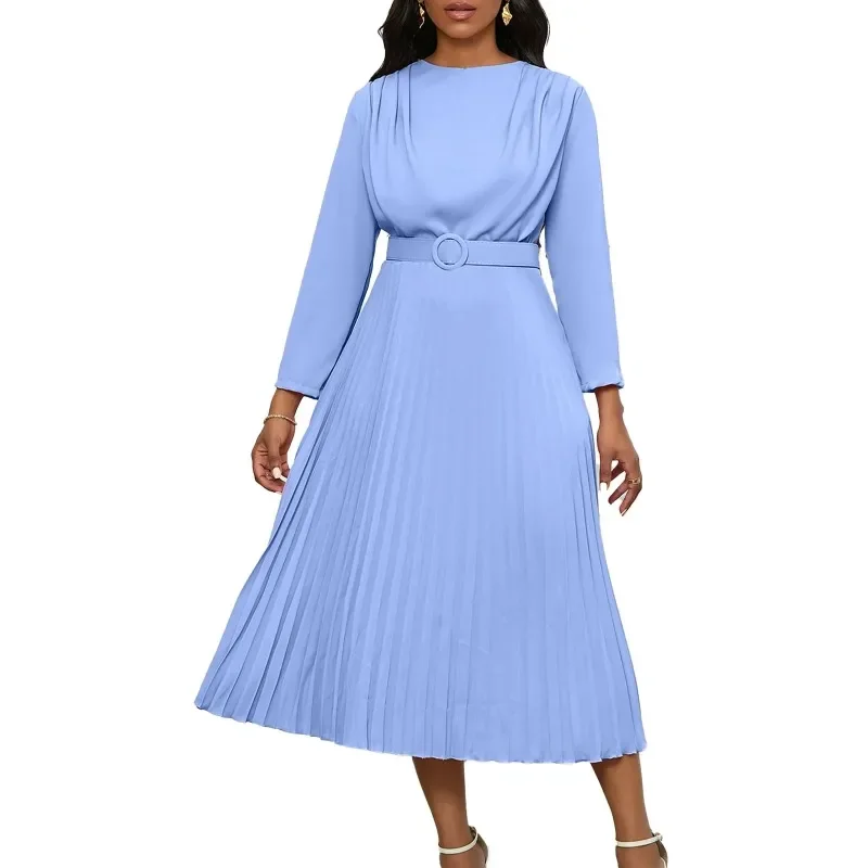 Afriške Obleke za Ženske Elegantne 2024 Pomlad Afriške Dolg Rokav O-vratu Poliester Pleat Maxi Obleka s Pasom Afriška Oblačila