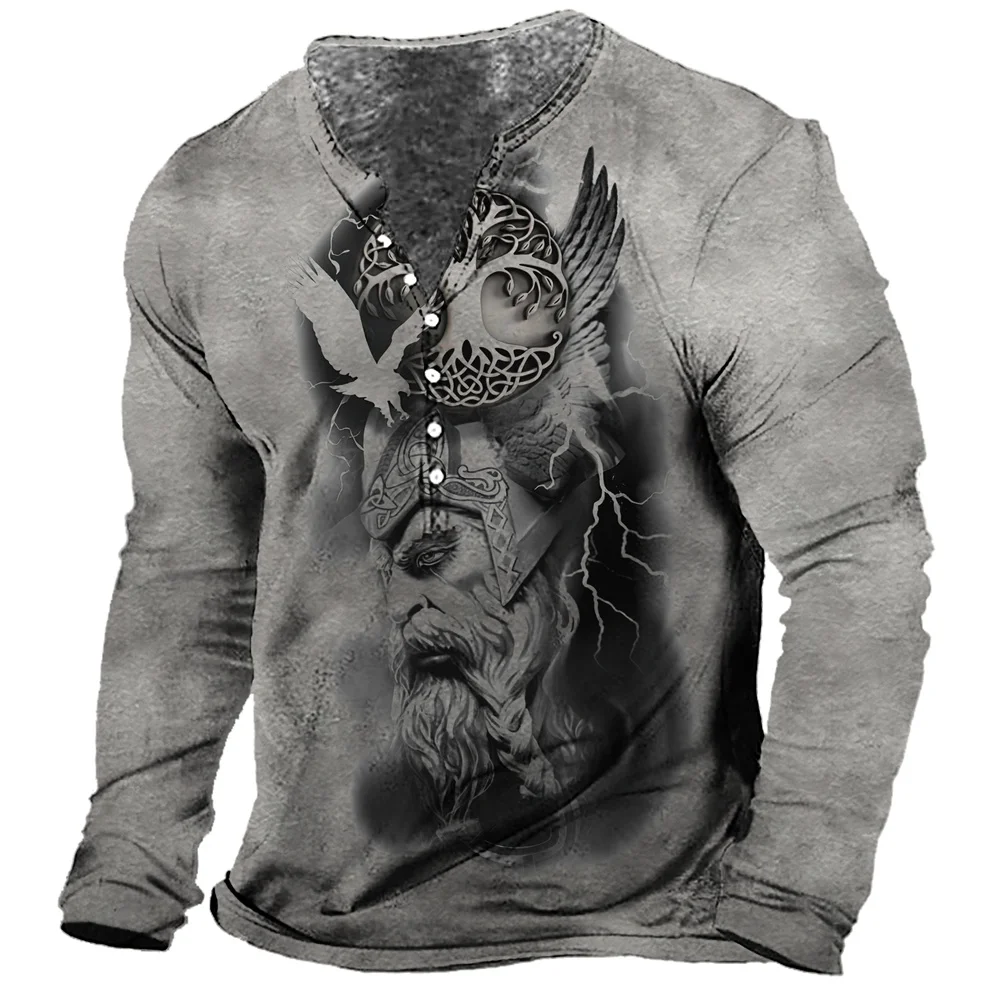 Bombaž Dolg Rokav T-shirt Mens Viking Tiskanja Henley Majica Vrhovi Ulici, na Prostem 3D T Shirt Prevelik Tee Rokavi Moški Oblačila
