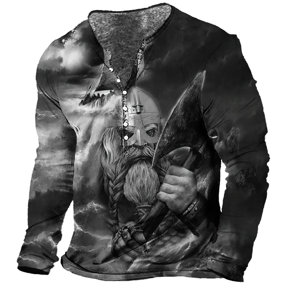 Bombaž Dolg Rokav T-shirt Mens Viking Tiskanja Henley Majica Vrhovi Ulici, na Prostem 3D T Shirt Prevelik Tee Rokavi Moški Oblačila