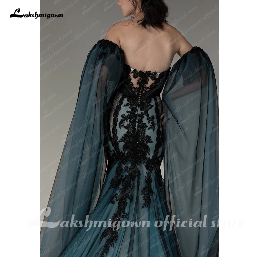 Gothic Črna Modra Obleka 2023 Seksi Poročne Haljo Čipke Cvet Sequins Poroka Oblek Morska Deklica Trouwjurk Plus Velikost Vestido De Novia