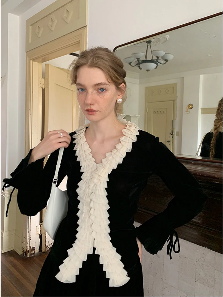GypsyLady francosko-zgleduje Elegantno Bluzo Pomlad Jesen Proti-vrat Dolg Rokav Ruffles Modni Modeli Dame Pleteninah Bluzo Vrhovi