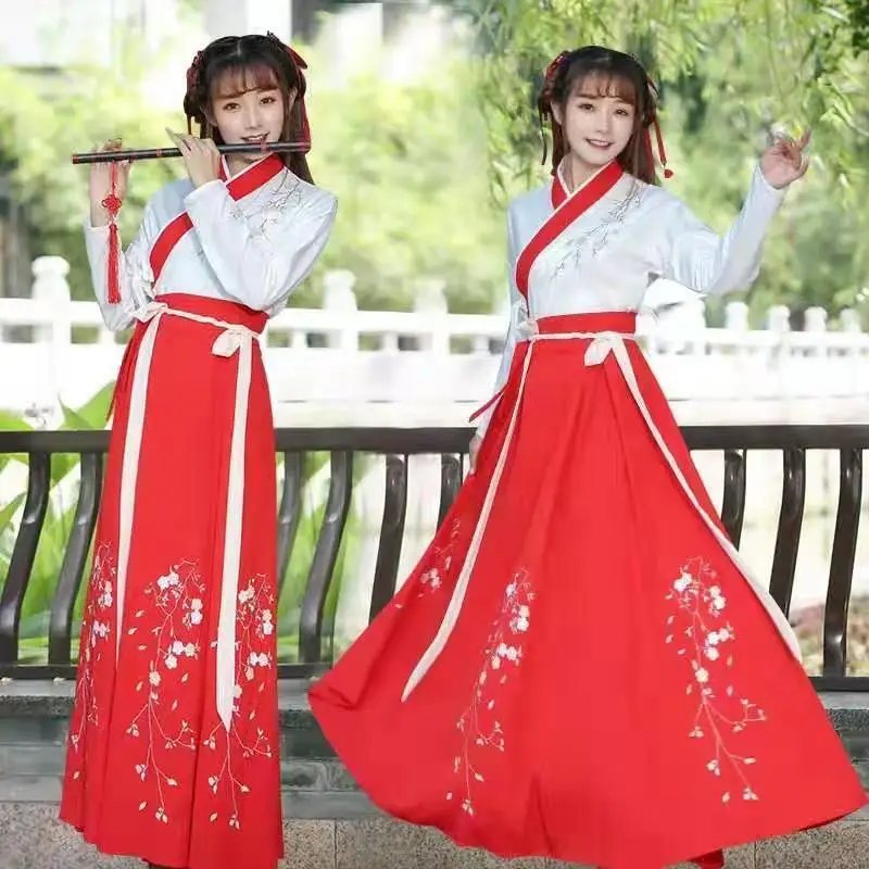 Hanfu Ženski Kostum Za Odrasle Študent Ming Narejen Kitajski Slog Izboljšano Pas-Dolžina Sarong Dnevno Ovratnik Krilo Obleko V Prahu