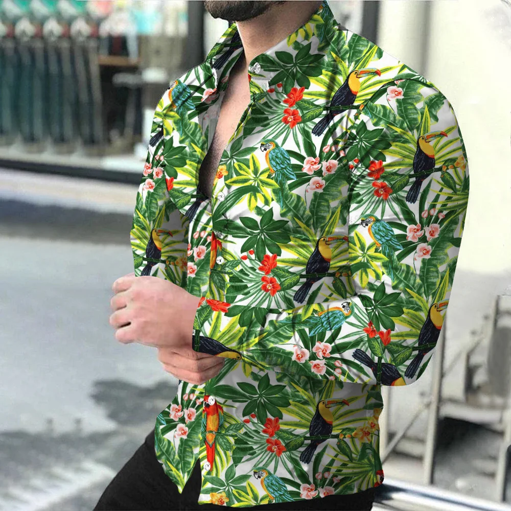 Havajske Majice z Dolgimi Rokavi Dihanje Obleko Priložnostne Visoko Luksuzni Spomladi In Jeseni Moške Socialne Velikosti Listov Vzorec Oblačila