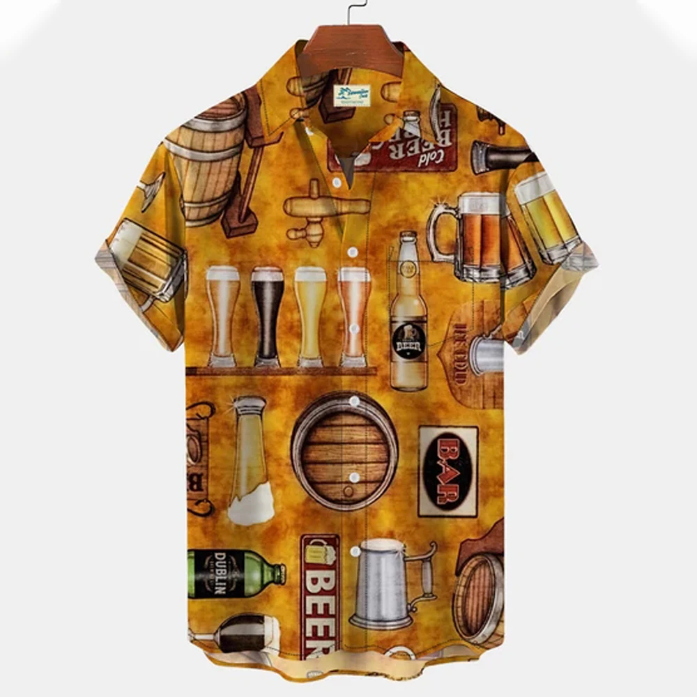 Hawaiian Harajuku moška Majica Pivo Kratek Rokav Natisnjeni Moška Oblačila Ulične Majica Za Moške Letnik Hip-hop River Gumb Vrhovi