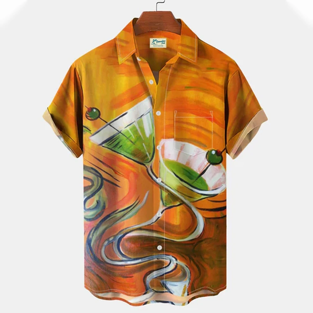Hawaiian Harajuku moška Majica Pivo Kratek Rokav Natisnjeni Moška Oblačila Ulične Majica Za Moške Letnik Hip-hop River Gumb Vrhovi