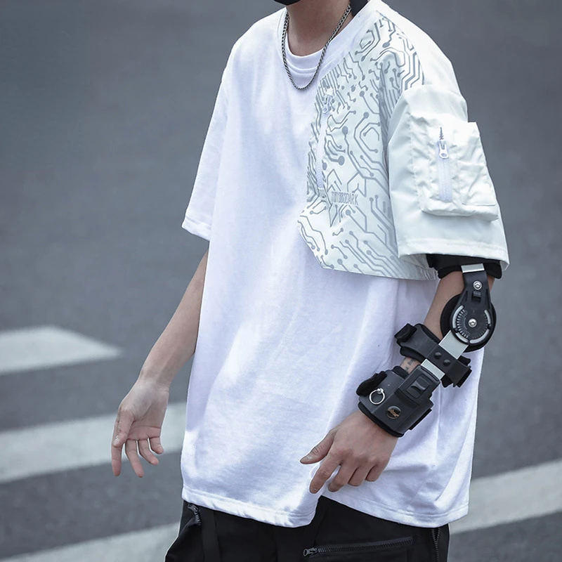 Kitajska-Elegantna Reflektivni Kratek Rokav T-shirt za Moške Night Walker Funkcionalne Veter Svoboden, Natisnjena okoli Vratu Top Poletni Pro Izbira Novih