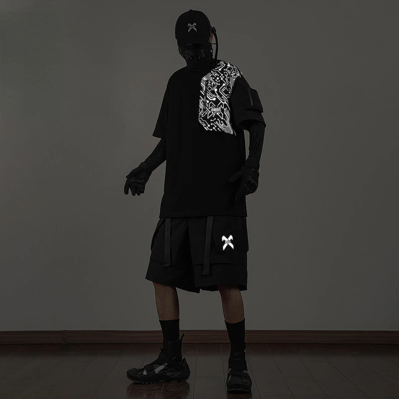Kitajska-Elegantna Reflektivni Kratek Rokav T-shirt za Moške Night Walker Funkcionalne Veter Svoboden, Natisnjena okoli Vratu Top Poletni Pro Izbira Novih