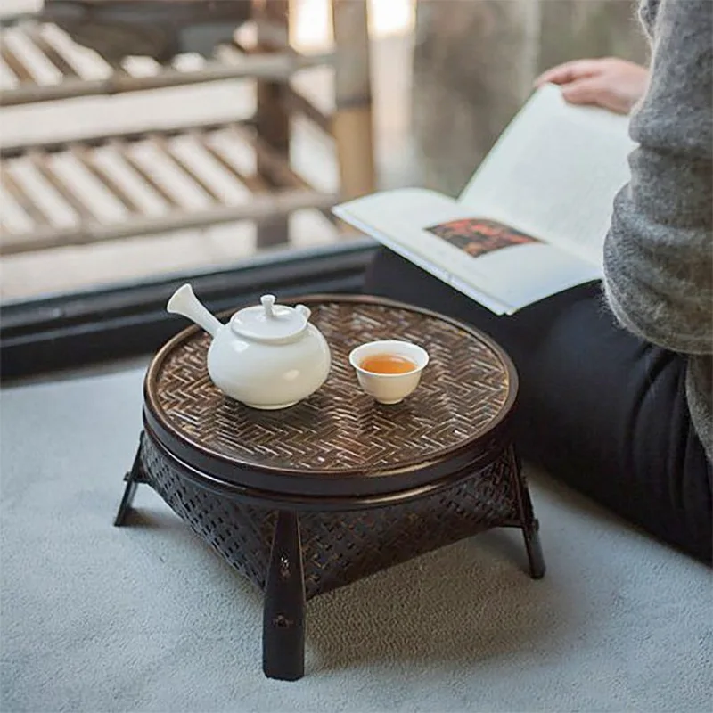 Kitajski slog mizico in Tajski retro slogu Kung Fu čaj nastavite z bambusa košarico s pokrovom okroglo mizico za domačo uporabo