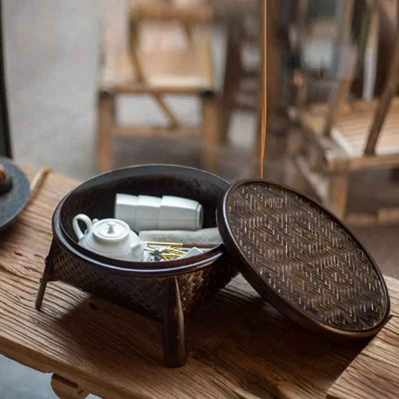 Kitajski slog mizico in Tajski retro slogu Kung Fu čaj nastavite z bambusa košarico s pokrovom okroglo mizico za domačo uporabo