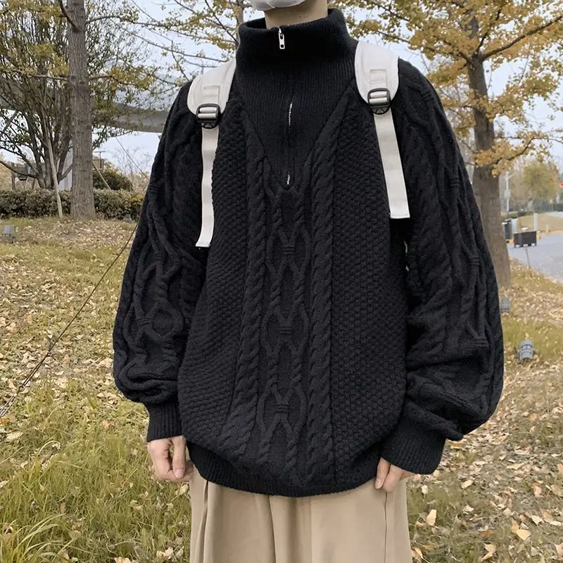Korejski pol-zip turtleneck pulover za moške retro Hong Kong modne blagovne znamke v jeseni in pozimi pulover leni, ohlapno pleteno jakno y2k