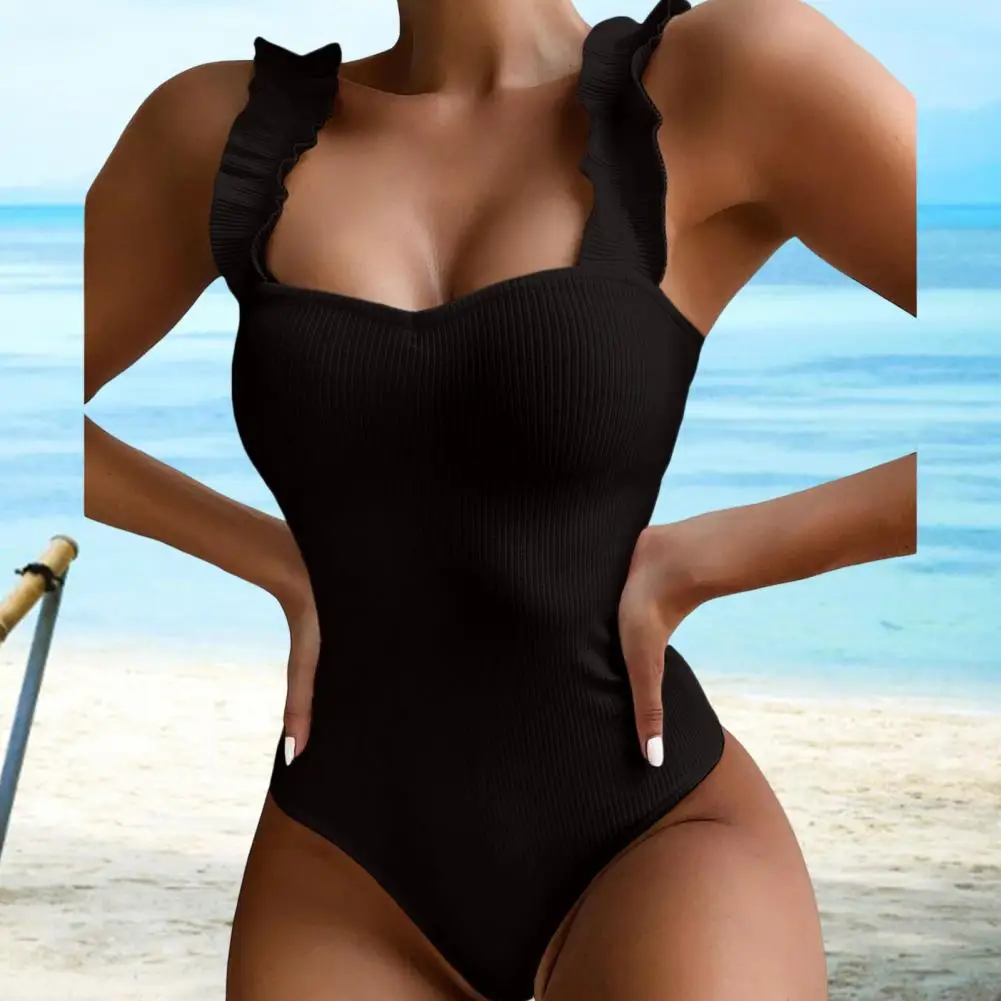 Kvadratni Ovratnik Backless Belušno Ženske Monokini Ruffle Ramena Obleka, Kopalke Barva Enega kosa Bikini Plažo