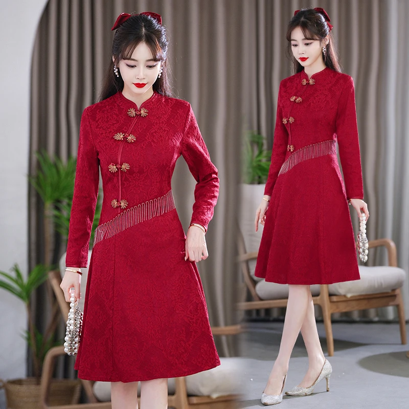 Luksuzni Ženska Večer Qipao Obleko Jeseni Dolg Rokav Kitajski Slog Tradicionalnih Izboljšano Cheongsam Harajuku Poroka Obleke CNY