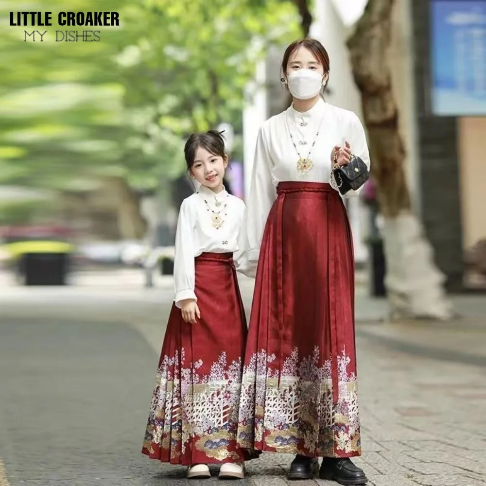 Mati in Hči Ujemanja Obleke Ženske Konj Obraz Krilo Majica Kitajski Hanfu za Dekleta, Otroci Sodobne Hanbok Hanfu Set