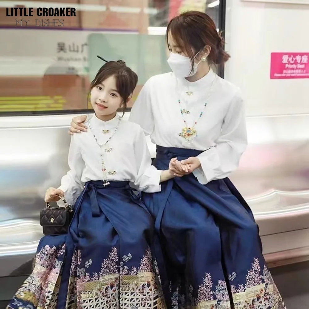 Mati in Hči Ujemanja Obleke Ženske Konj Obraz Krilo Majica Kitajski Hanfu za Dekleta, Otroci Sodobne Hanbok Hanfu Set