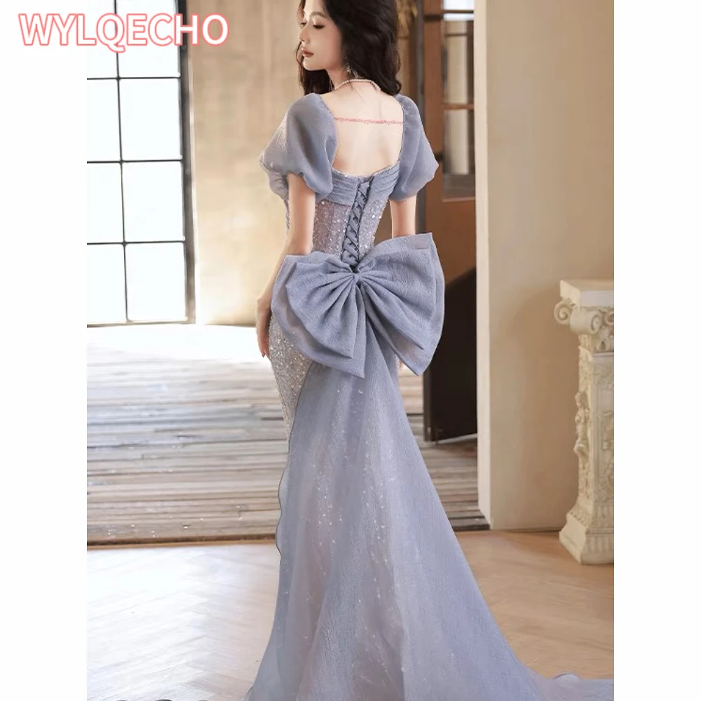 Modra 2023 Nove Luksuzne Off Ramenski Večerne Obleke Ženske Beading Velik Lok Dolgo Formalno Cheongsam Banket Maturantski Obleki