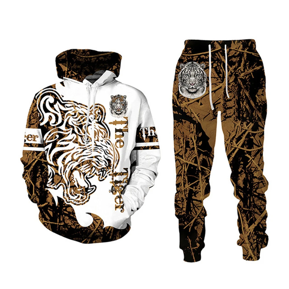 Moške jeseni in pozimi živali tiger 3D tiskanje priložnostne hooded Majica sweatpants 2-kos kapičastih pulover, hlače Šport
