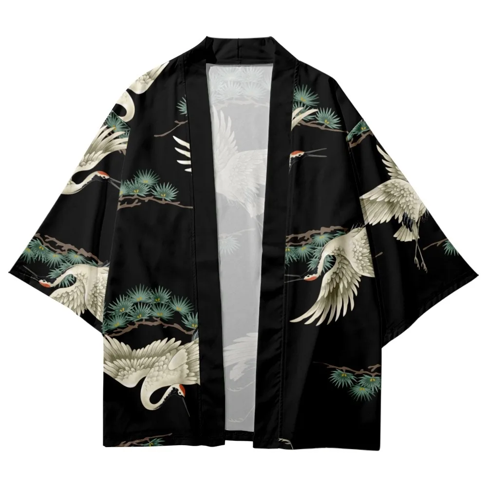 Moški Kimono In Hlače Japonski Yukata Plašč Samurai Harajuku Haori Oblačila Črna Žerjav Tiskanja Jopico Azijskih Kostum
