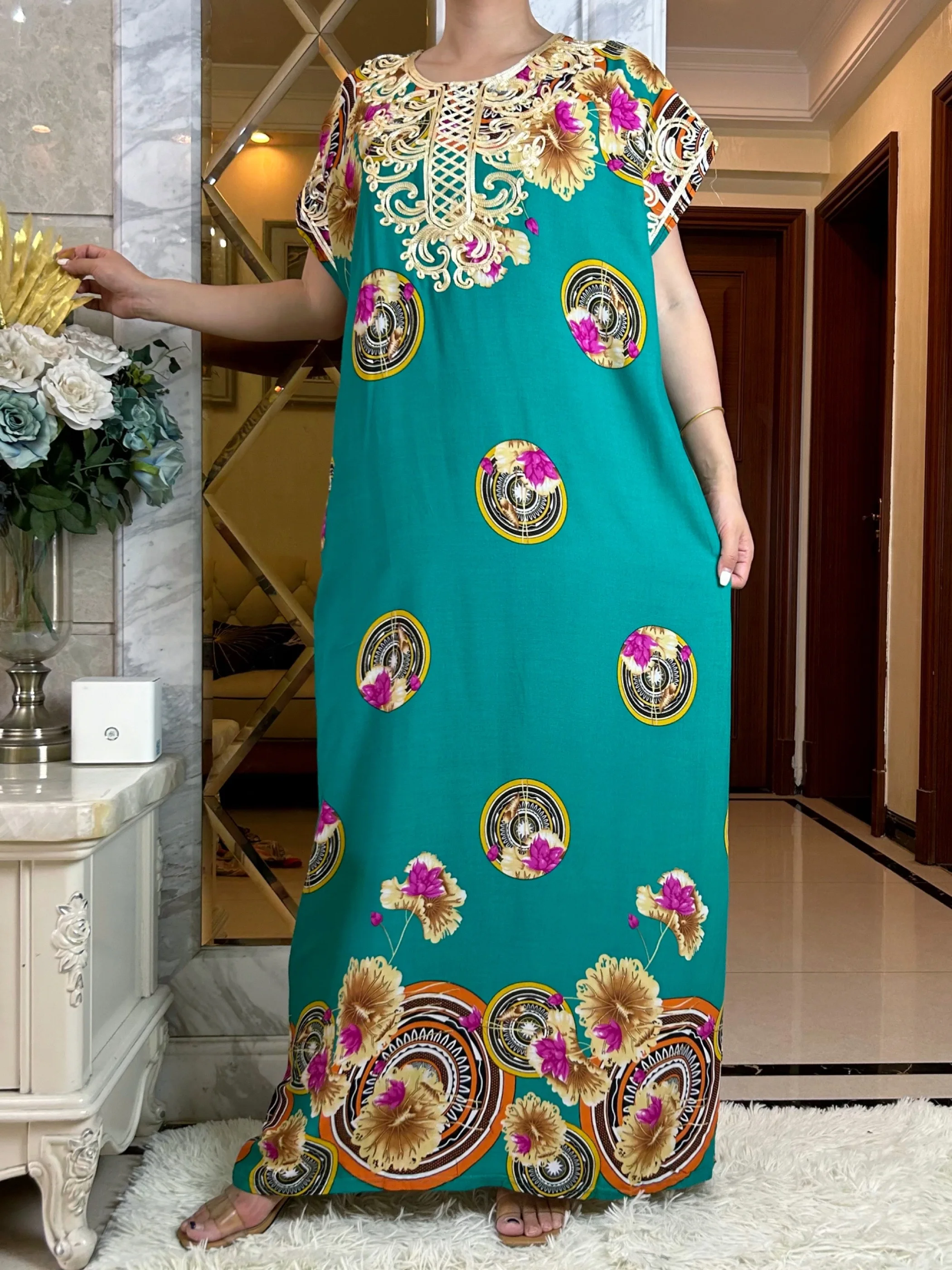 Nov Poletni Afriški Stil Kratek Rokav Obleka Islam Dashiki Cvjetnim Tiskanja Gilding Bombaž Caftan Lady Dubaj Maxi Priložnostne Abaya