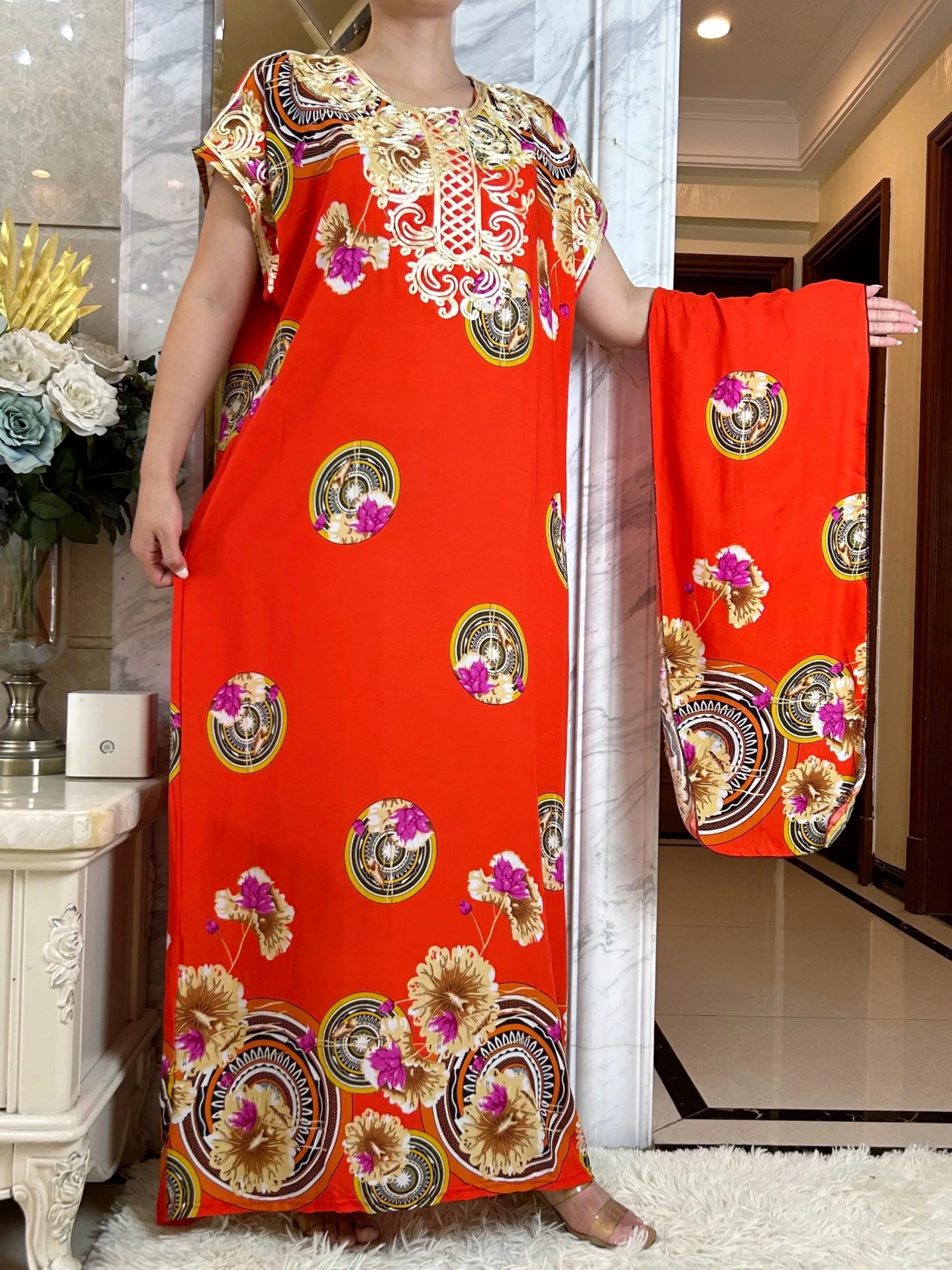 Nov Poletni Afriški Stil Kratek Rokav Obleka Islam Dashiki Cvjetnim Tiskanja Gilding Bombaž Caftan Lady Dubaj Maxi Priložnostne Abaya