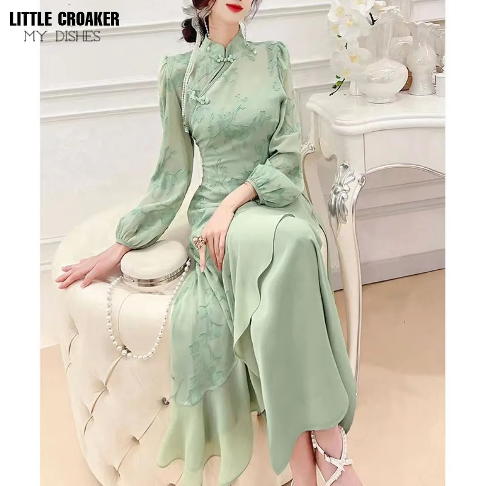 Novi Kitajski Stil Oblačenja Ženska Retro Elegantno Zelena Qipao Cheongsam Xxl Vestido Letnik Kitajski Qipao Obleke za Ženske Dolgo