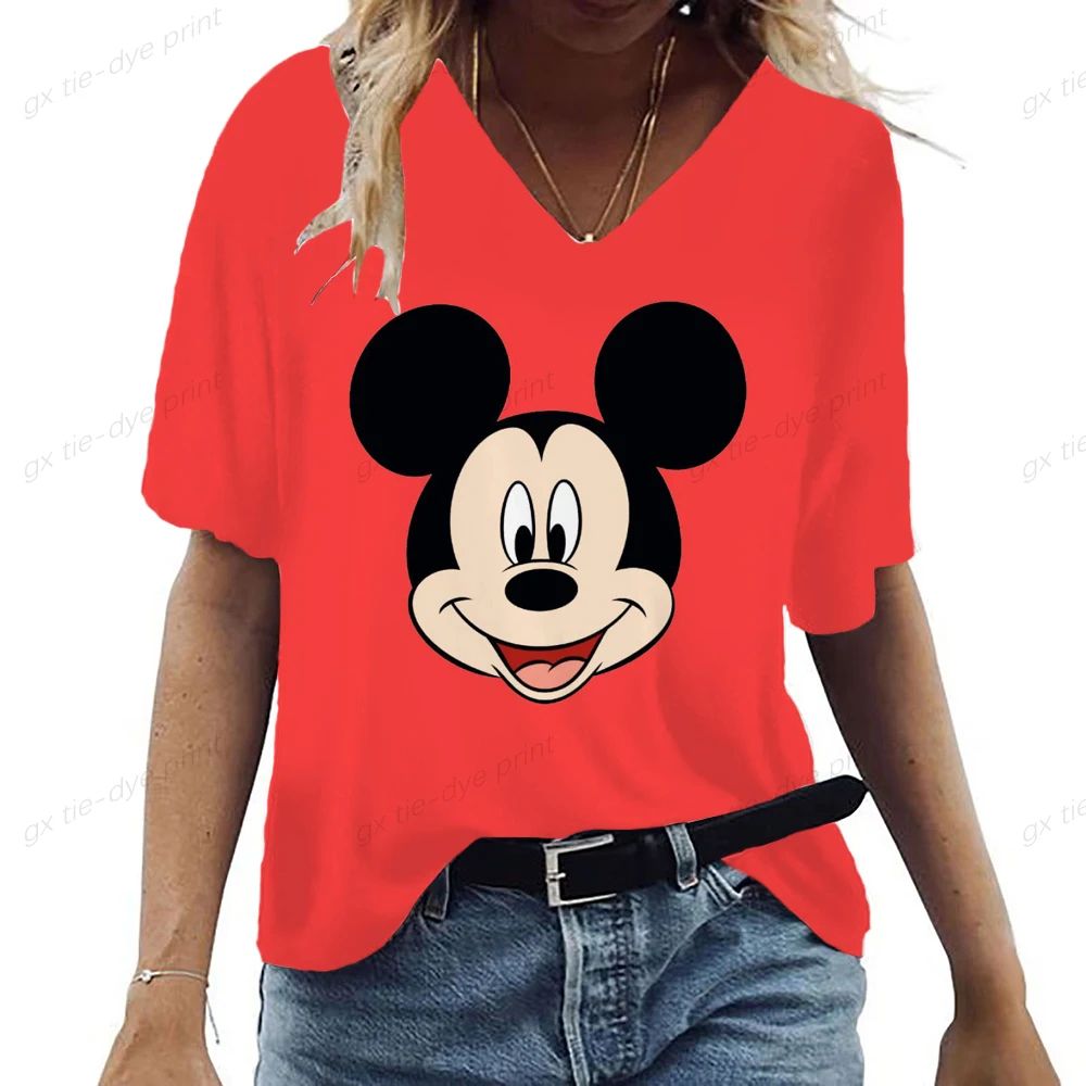 Novo Hakuna Srčkan V Neck Majica s kratkimi rokavi Ženske Harajuku 90 Disney Rdeče Mickey Miške Minnie T Shirt Risanka Grafiko, Tiskanje Vrh Ženske