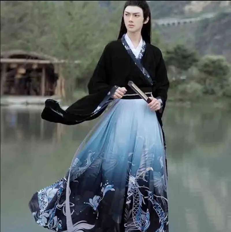 Plus Velikost 2XL Hanfu Pari Kitajske Tradicionalne Vezenje Oblačil Odraslih Halloween Cos Kostum Črna Modra Hanfu za Moške/Ženske