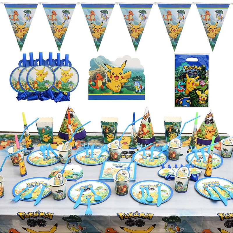 Pokemon Rojstni Dekoracijo Risanka Pikachu Plošče Skodelice, Posode Luči Aluminija Balon Za Otroke Fant Stranka Suppies