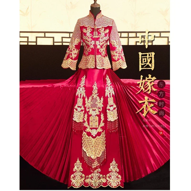 Rdeča Poročne Zlato Vezenje Nosorogovo Cheongsams Letnik Sodobni Kitajski Poročno Obleko Zmaj Phoenix Obleke Toasting Oblačila