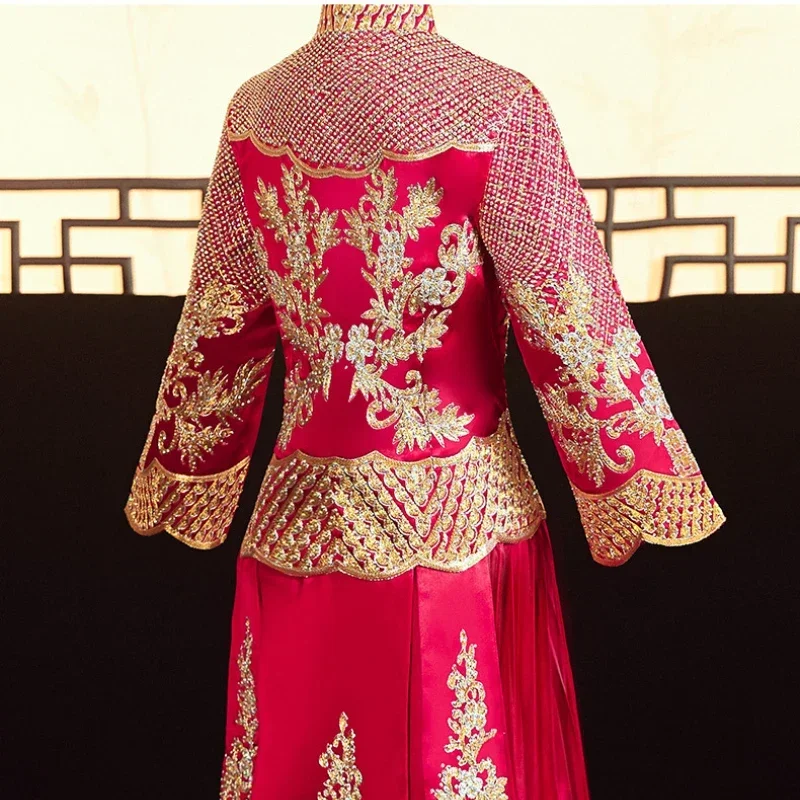 Rdeča Poročne Zlato Vezenje Nosorogovo Cheongsams Letnik Sodobni Kitajski Poročno Obleko Zmaj Phoenix Obleke Toasting Oblačila