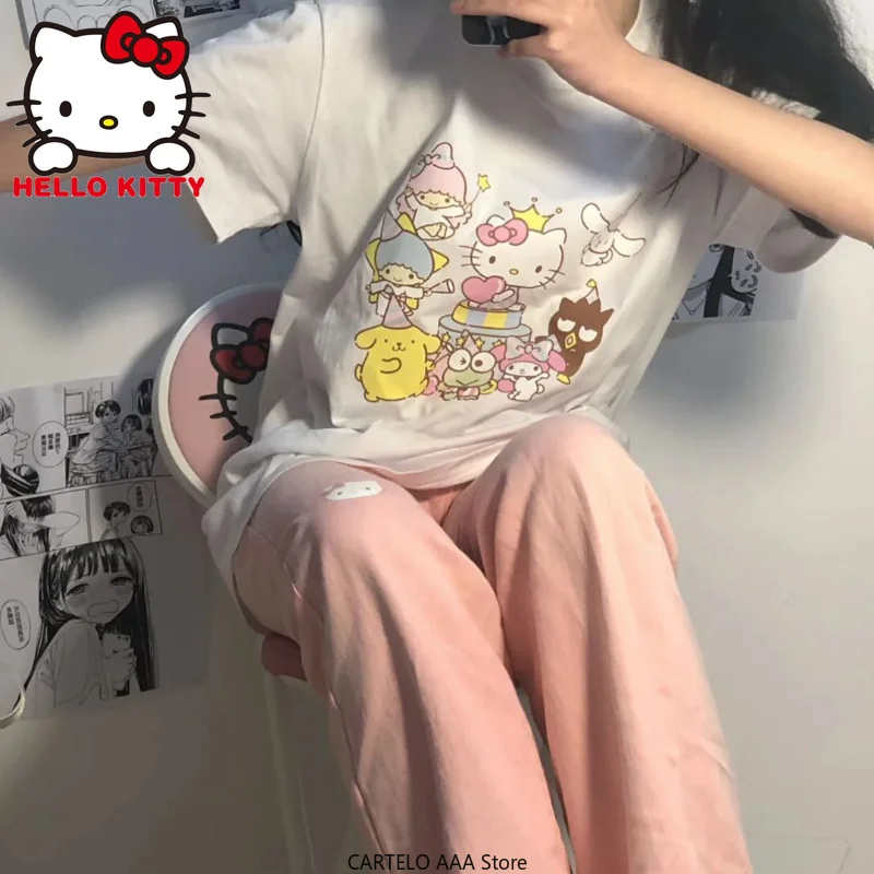 Sanrio Tee Hello Kitty Oblačila Dekle, Moja Melodija Risanka Svoboden Kratek sleeve majica s kratkimi rokavi Ženske Študent Anime Grafika Print Majica Y2k Vrh