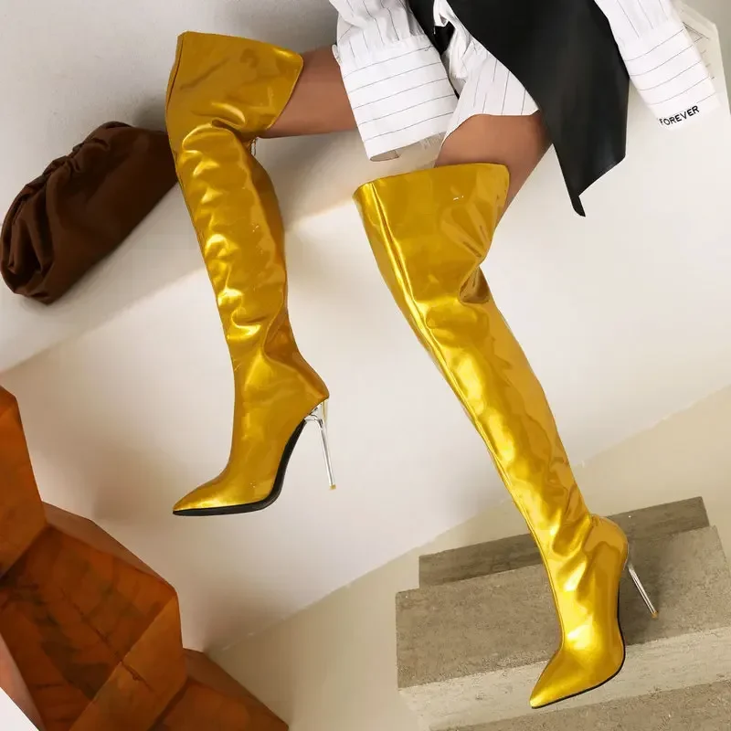 Super High Seksi Kovinski Stiletto Pete Lakasto Usnje Žensk Over-The-Kolena in Škornji Velikosti Konicami Prstov Plišastih Oblog modni brvi Čevlji