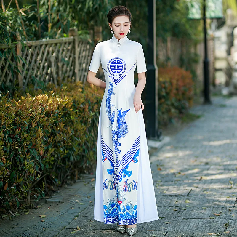 Tradicionalne Ženske, Modro Bele Natisnjeni Saten Shoert Rokav Aodai Qipao Letnik Kitajski Cheongsam Novost Formalno Obleko