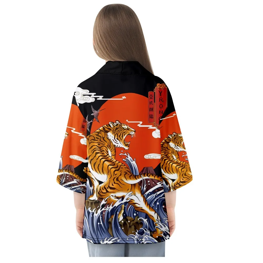 Vintage Japonski Haori Tiger Val Natisnjeni Kimono Moški Ženske Jopico Samurai Haljo Črne Obleke Poletje Yukata