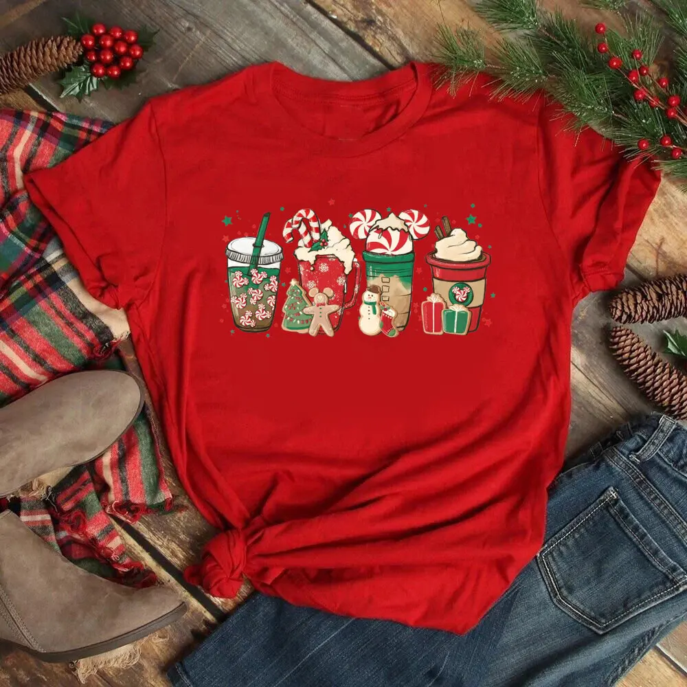 Vroč Kakav, Čokolada, Tiskanje, Grafični T Shirt Vesel Božič Majice s kratkimi rokavi Ženske Vrhovi Zimo Božič Oblačila, Casual Ženski Rdeče majice