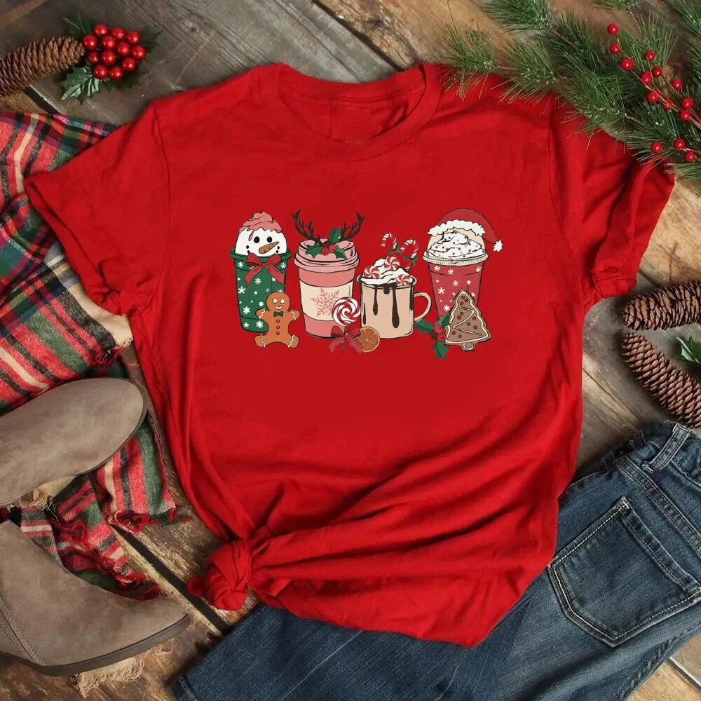Vroč Kakav, Čokolada, Tiskanje, Grafični T Shirt Vesel Božič Majice s kratkimi rokavi Ženske Vrhovi Zimo Božič Oblačila, Casual Ženski Rdeče majice