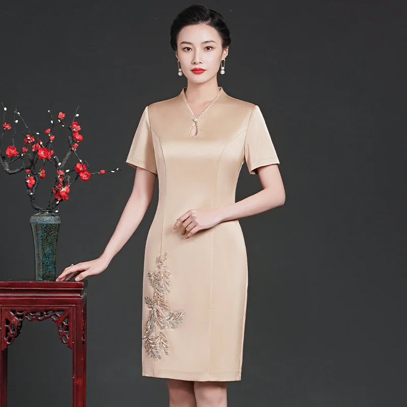Yourqipao 2023 Jeseni Preprost Retro Moda Vezene Mati Qipao Obleko Kitajski Slog Zvečer Poročno Obleko za Ženske Osebe