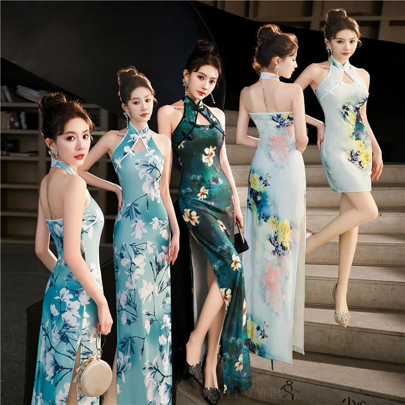 Zelena Modra Kitajski Državni Cheongsam Ženske Poletje Seksi Backless Obleko brez Rokavov Cvetlični Vintage Obleko Dolgo Qipao S 5XL